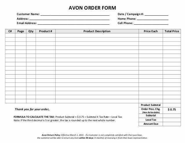 Avon order form Blank Word Version