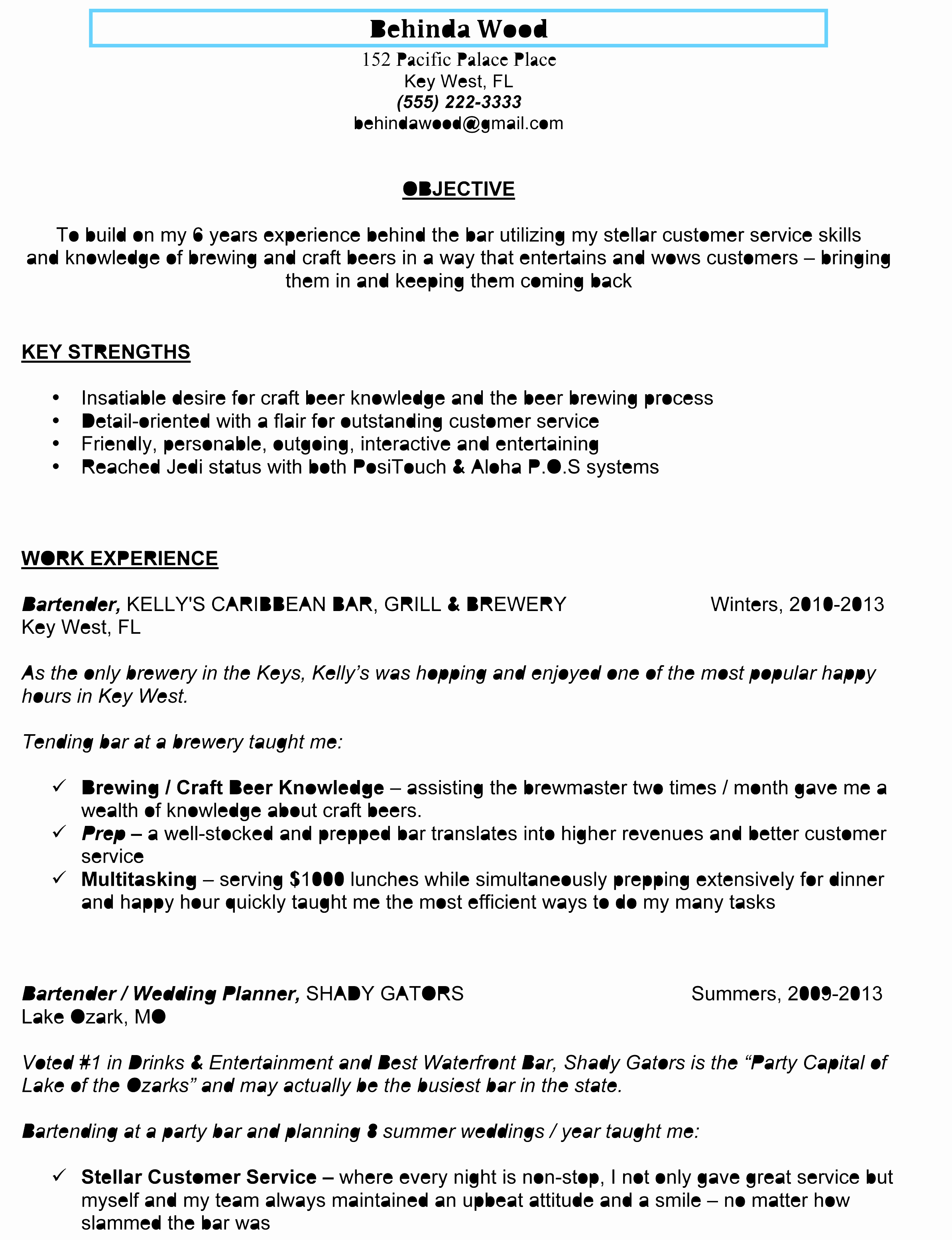Awesome Sample Bartender Resume to Use as Template