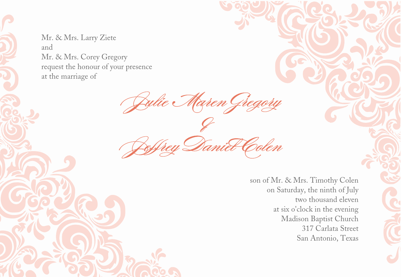 Baby Pink Wedding Invitation Template Word Document with