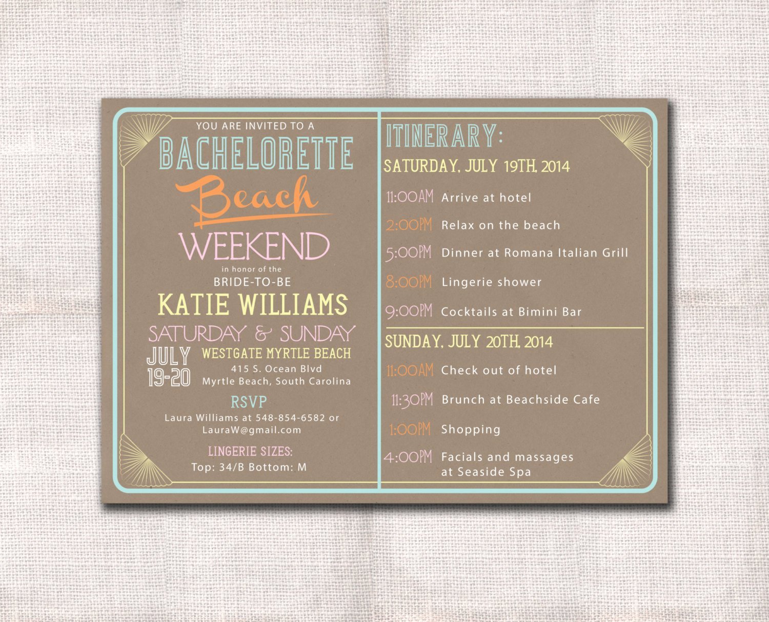 Bachelorette Party Weekend Invitation and Itinerary Custom