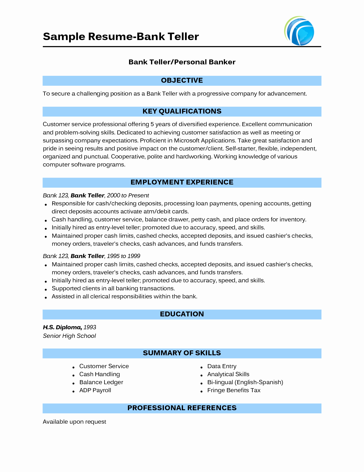 Bank Teller Job Description for Resume