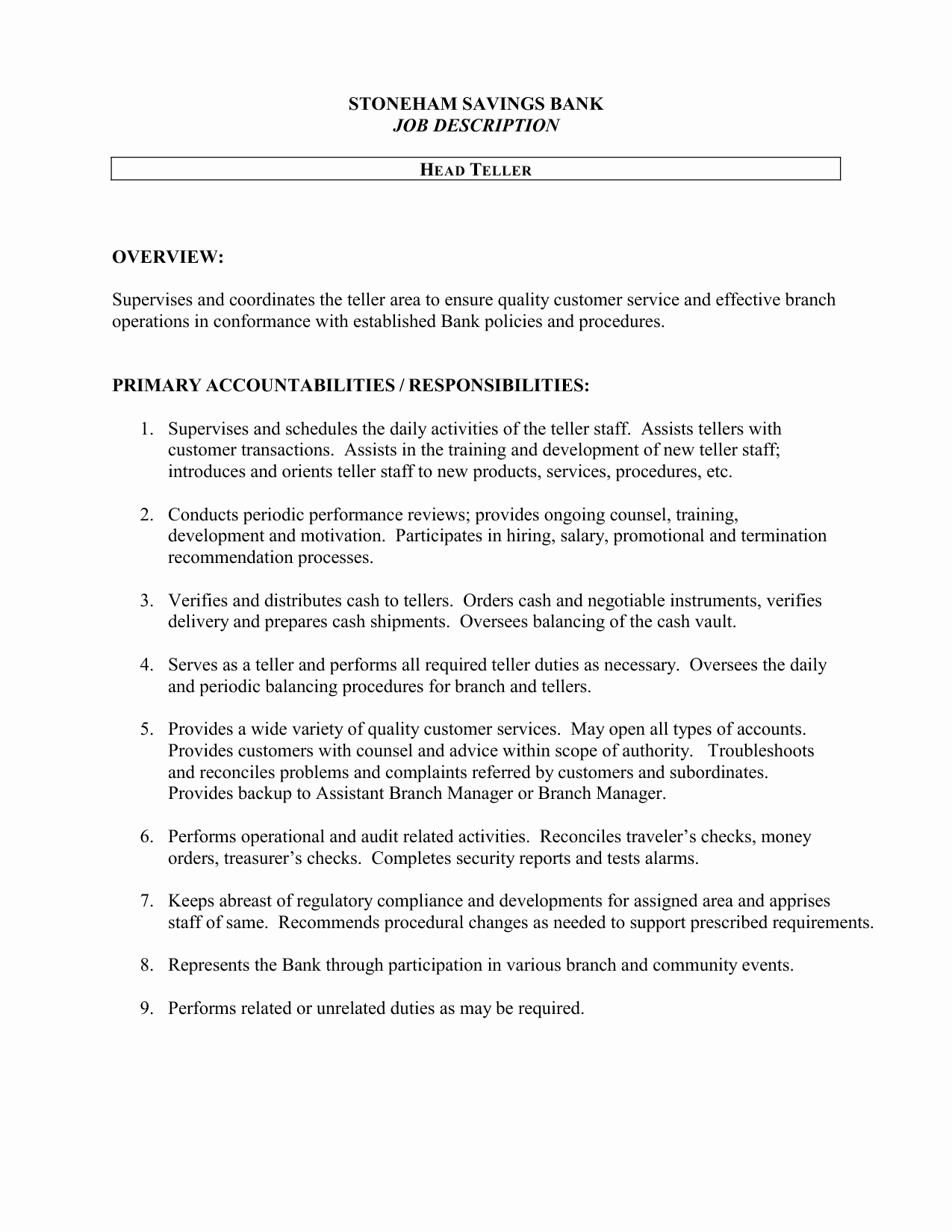 Bank Teller Job Description Resume Sample