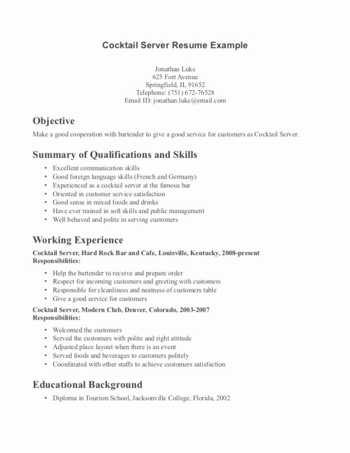 Bartender Job Description for Resume Best Resume Collection