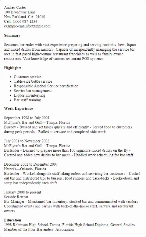 Bartender Job Description Resume