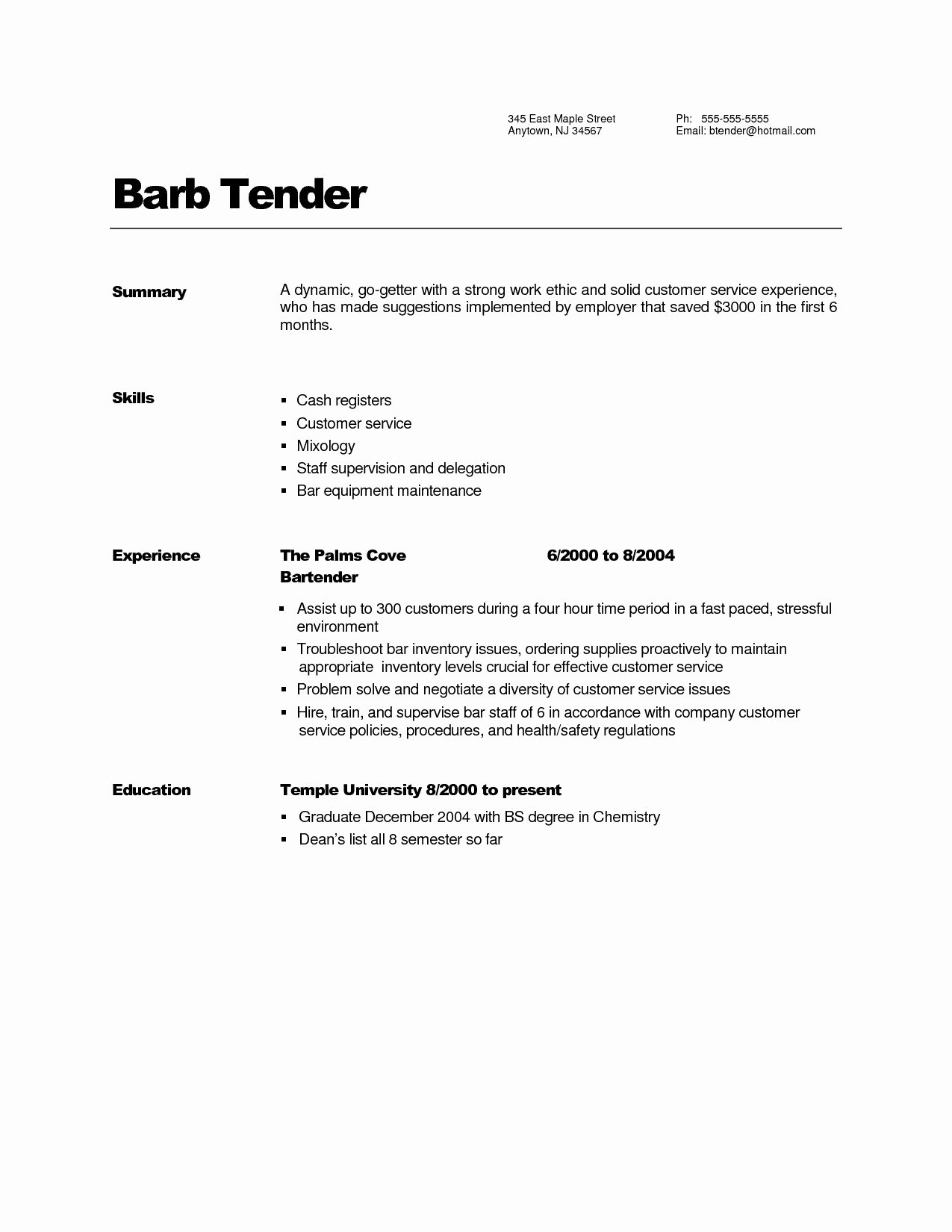 Bartender Job Duties for Resume – Resume Simple Templates