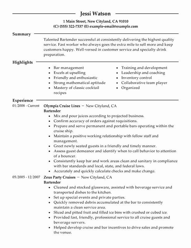 Bartender Resume Examples – Free to Try today