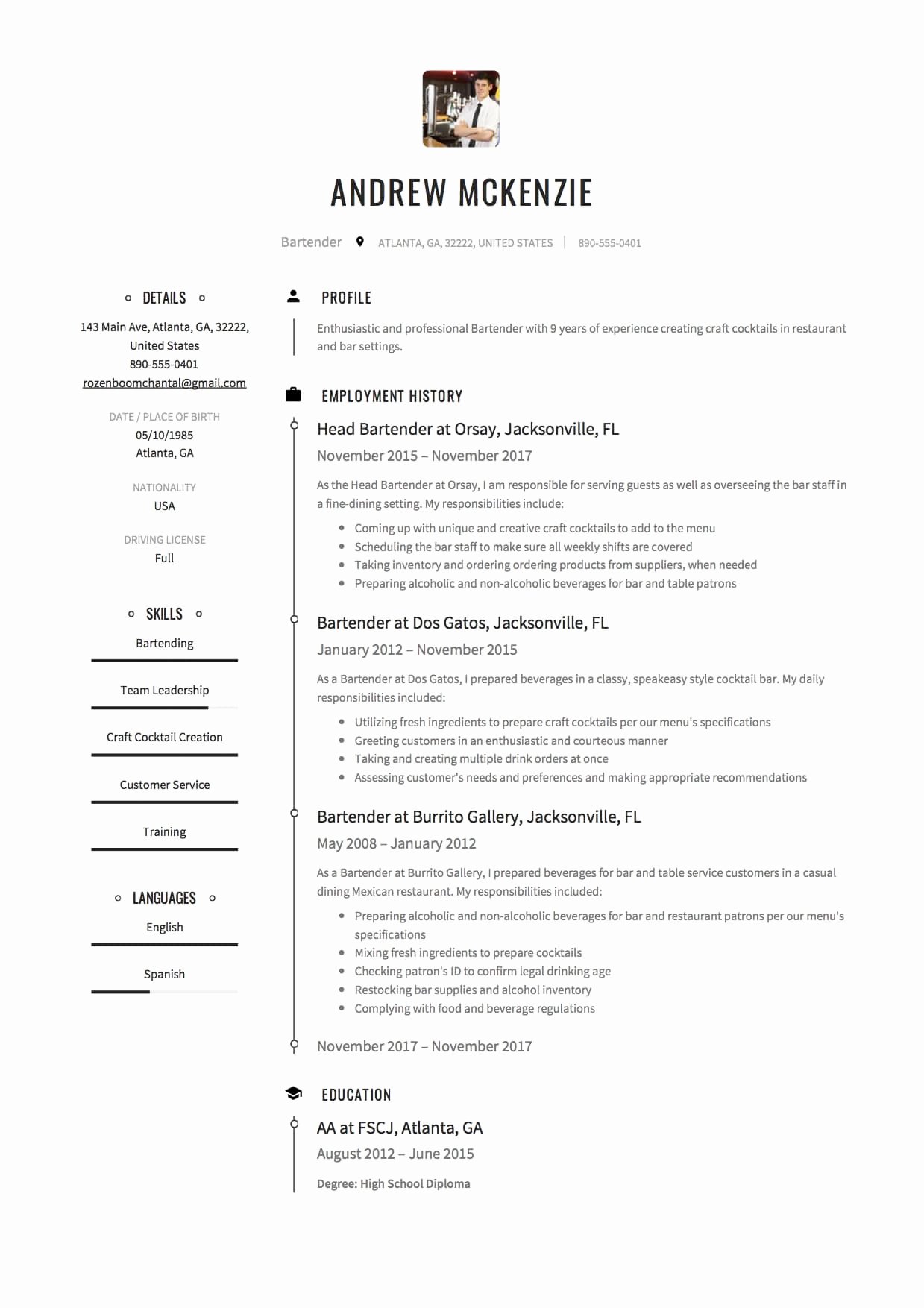 Bartender Resume Sample 12 Creative Resume Examples