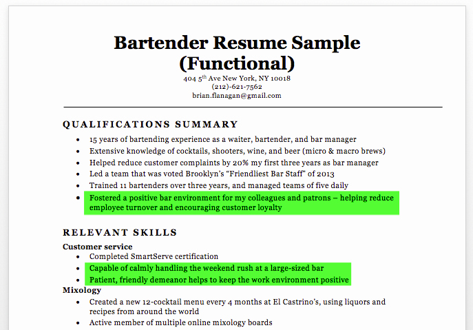 Bartender Resume soft Skills Highlights Cool Bartending