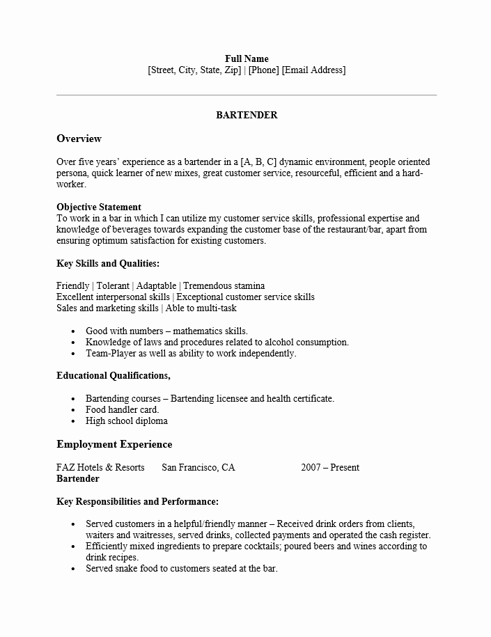 bartending resume template free bartender resume template examples bartending resumes