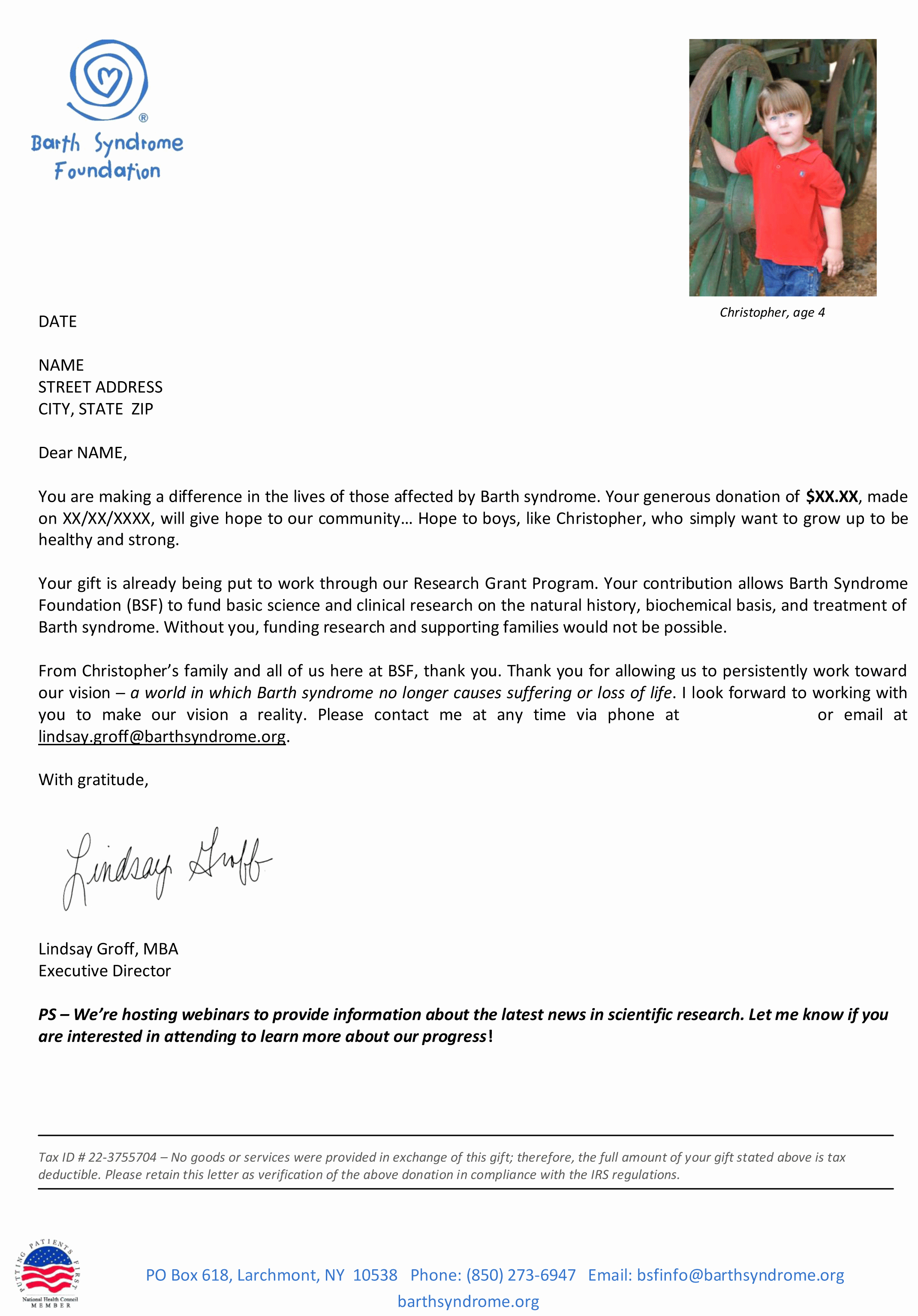 Barth Syndrome Foundation Thank You Letter before and