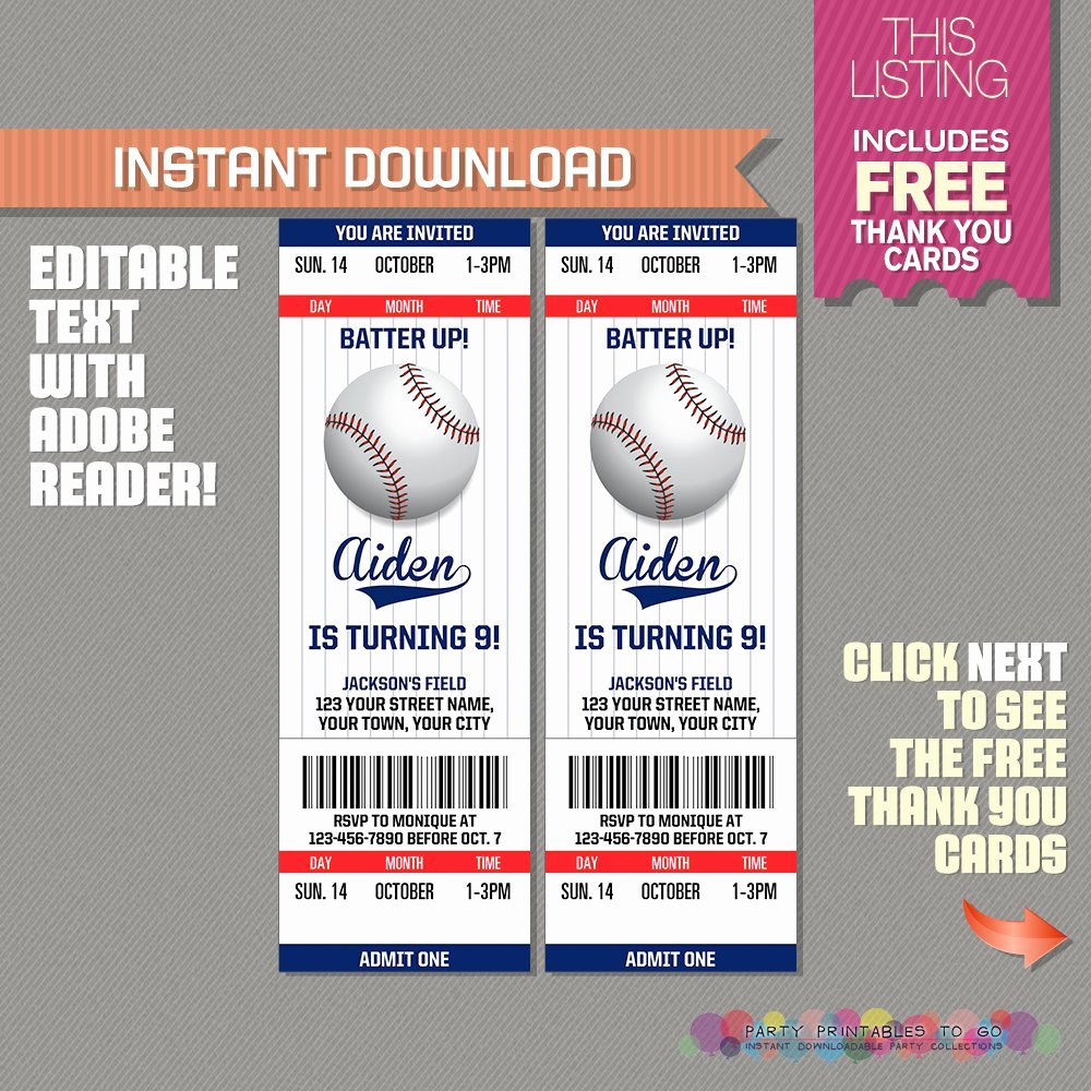 Baseball Ticket Invitation with Free Thank You Card