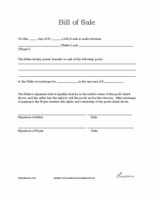Basic Bill Of Sale form Printable Blank form Template