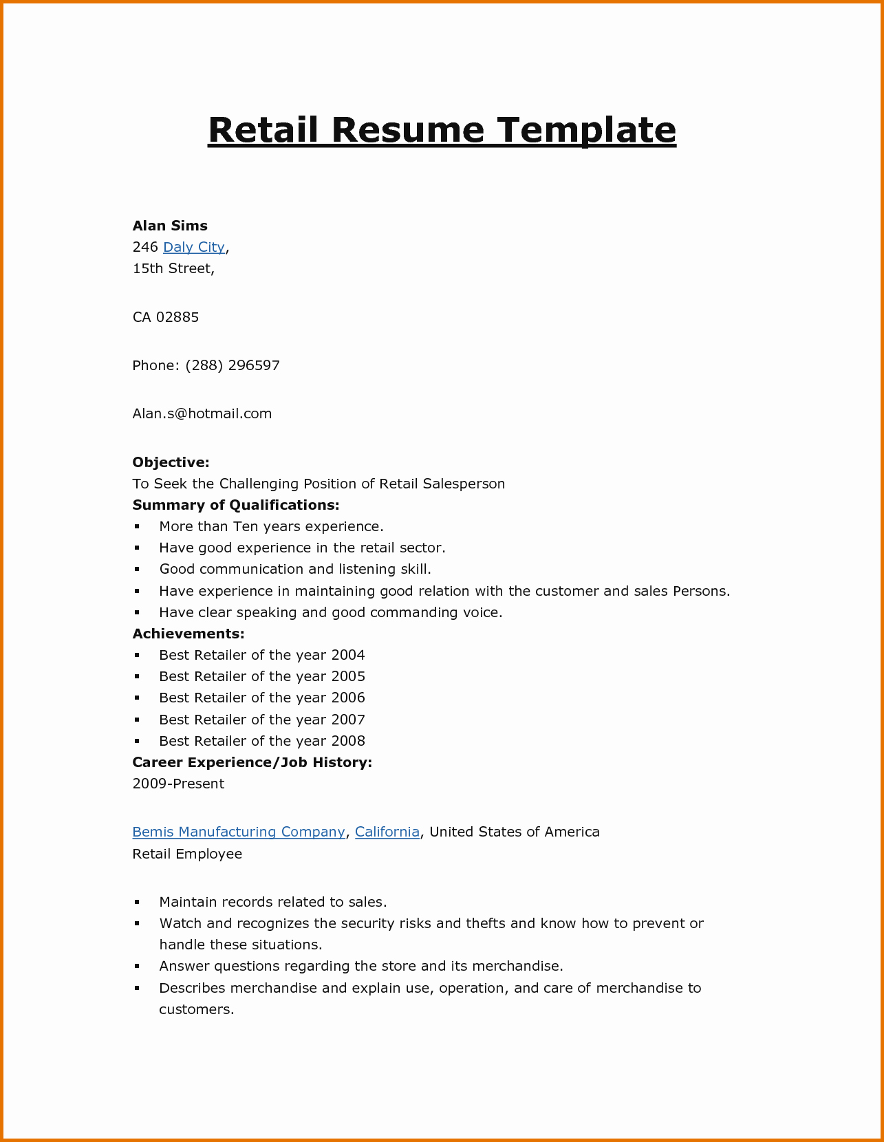 Basic Cv Templates Retailreference Letters Words
