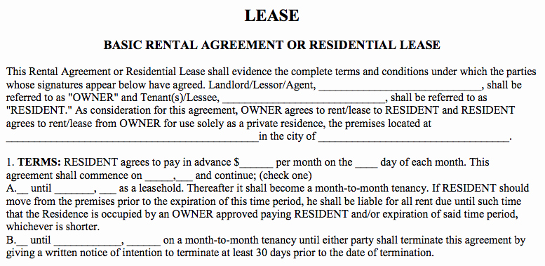 Basic Rental Agreement In A Word Document for Free