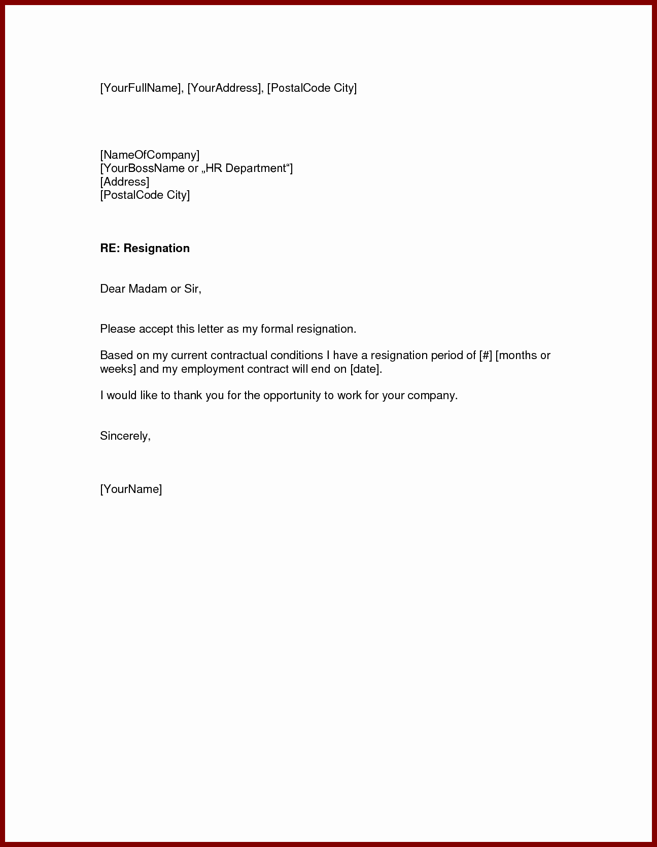 Basic Resignation Letter Template Word