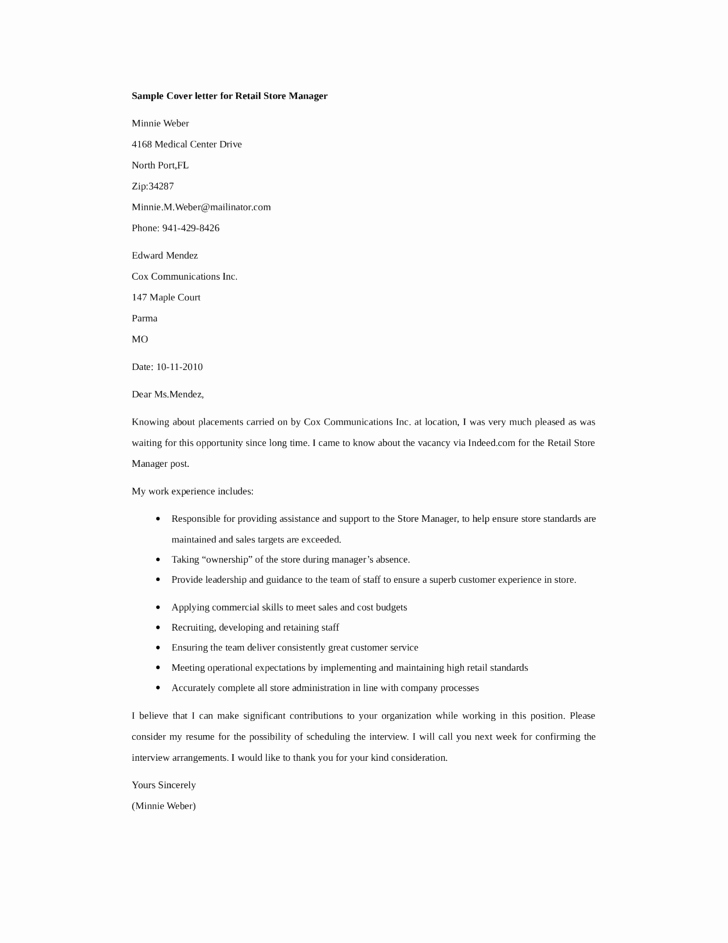 Basic Retail Store Manager Cover Letter Samples and Templates