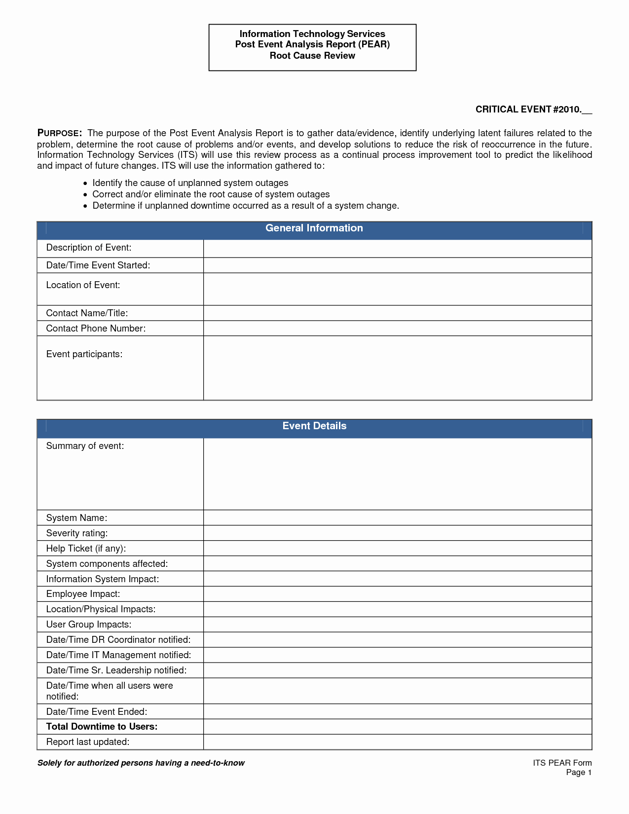 Basic Root Cause Post event Analysis Report Template V M