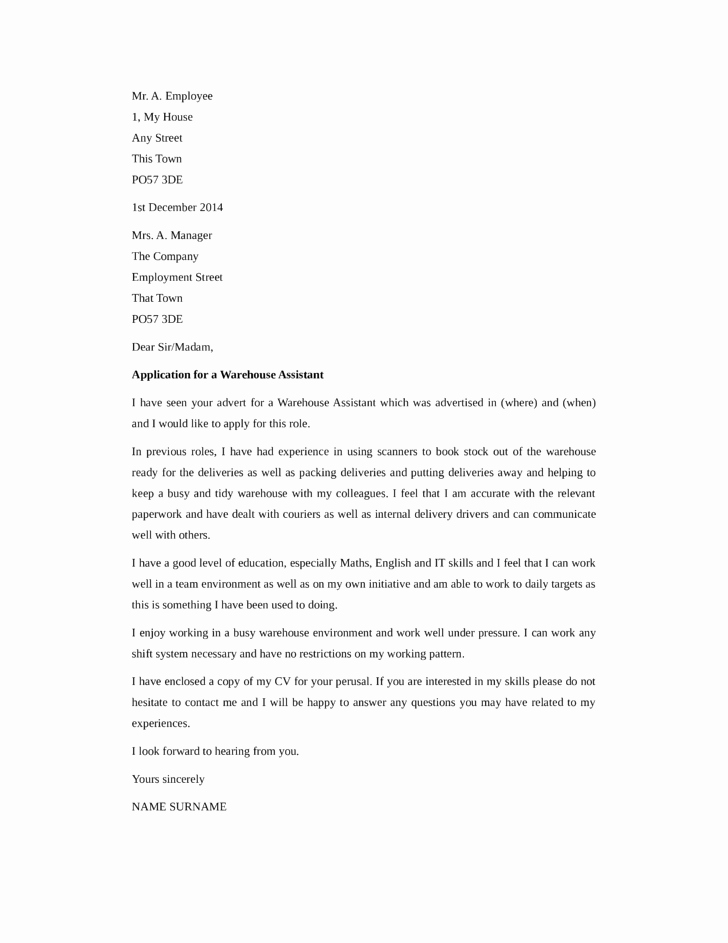 Basic Warehouse assistant Cover Letter Samples and Templates