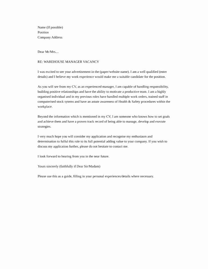 Basic Warehouse Manager Cover Letter Samples and Templates