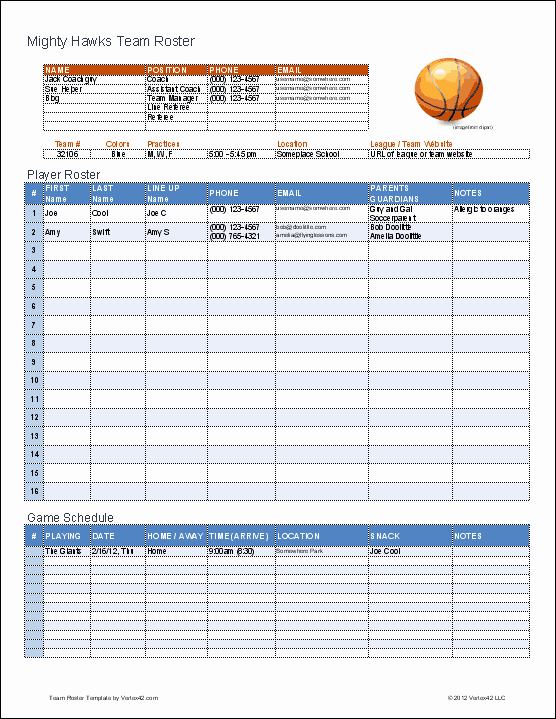 Basketball Team Roster Template for Excel