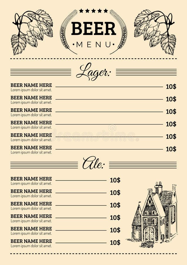 Beer Menu Design Template Vector Pub Restaurant Card with