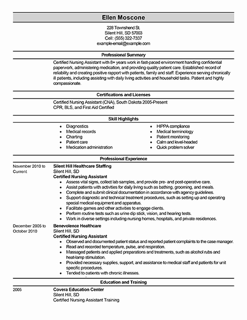 Best Certified Nursing assistant Resume Example