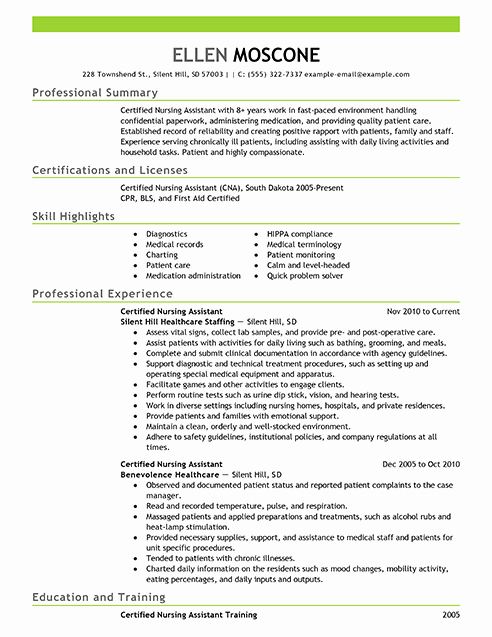 Best Certified Nursing assistant Resume Example