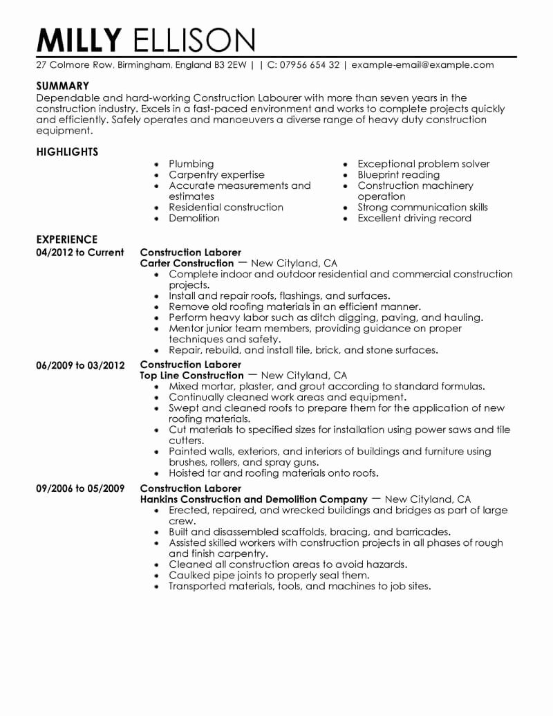 Best Construction Labor Resume Example