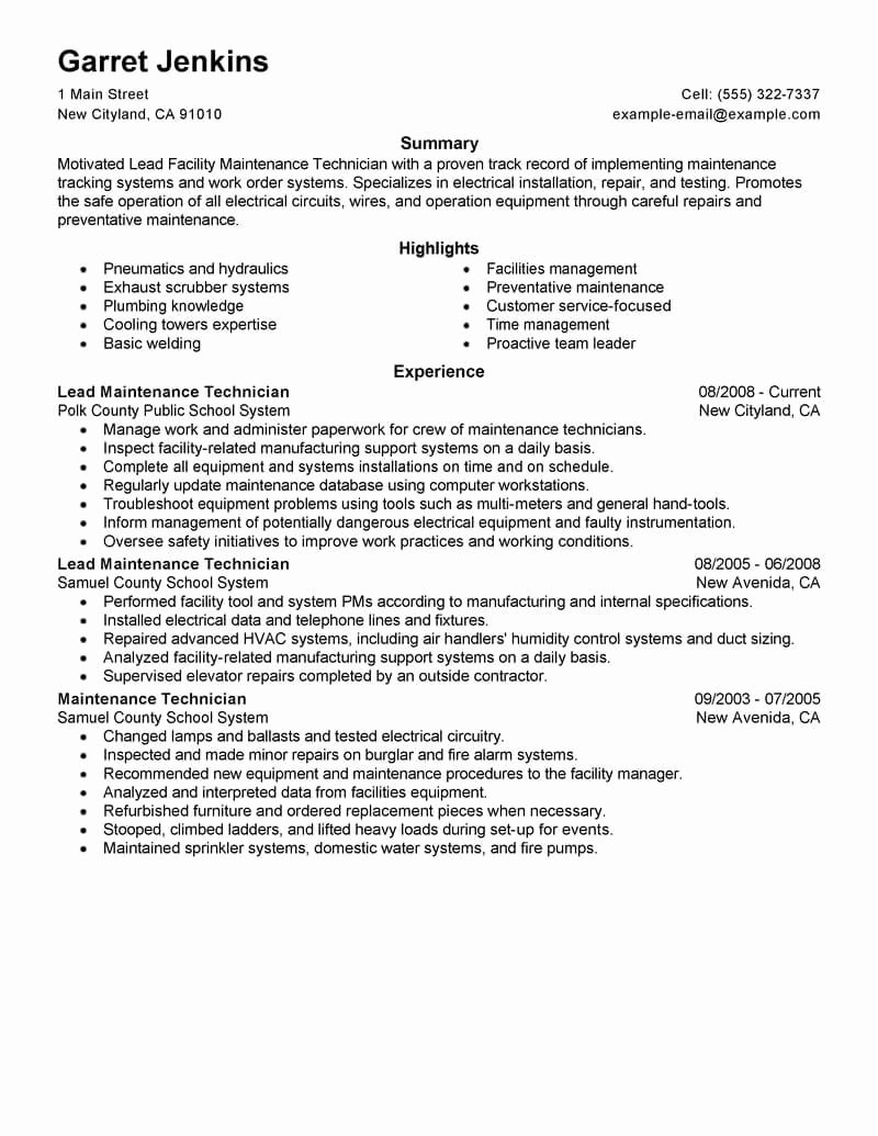 Best Facility Lead Maintenance Resume Example