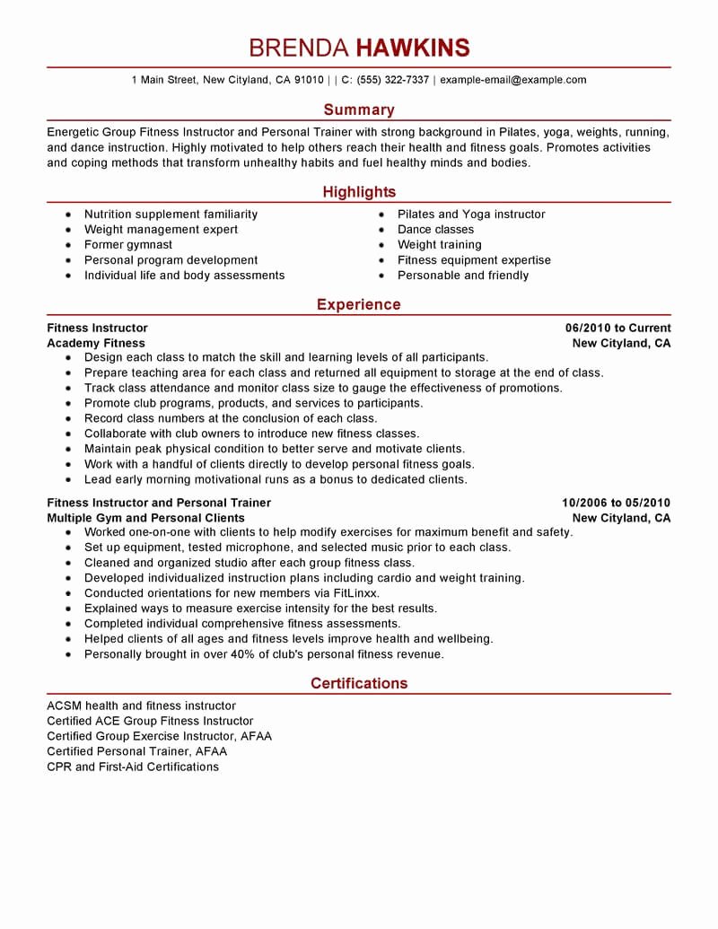 Best Fitness and Personal Trainer Resume Example