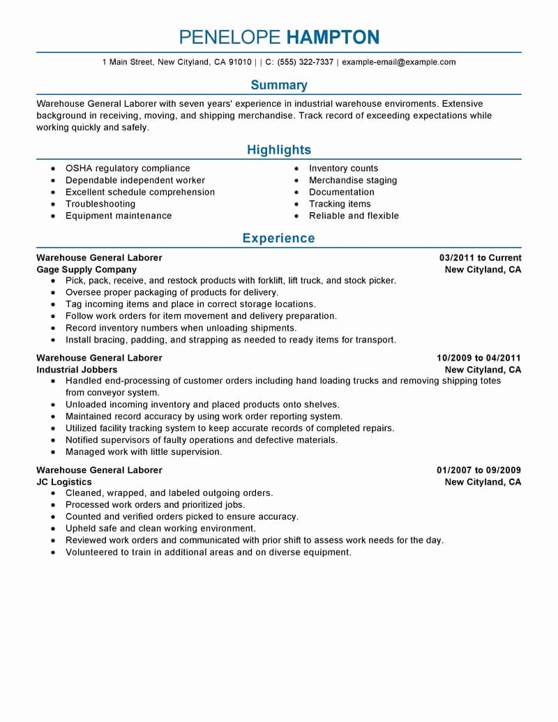 Best General Labor Resume Example