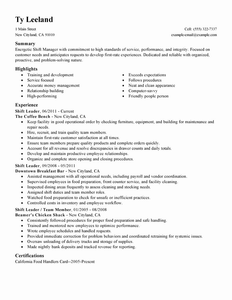 Best Hourly Shift Manager Resume Example