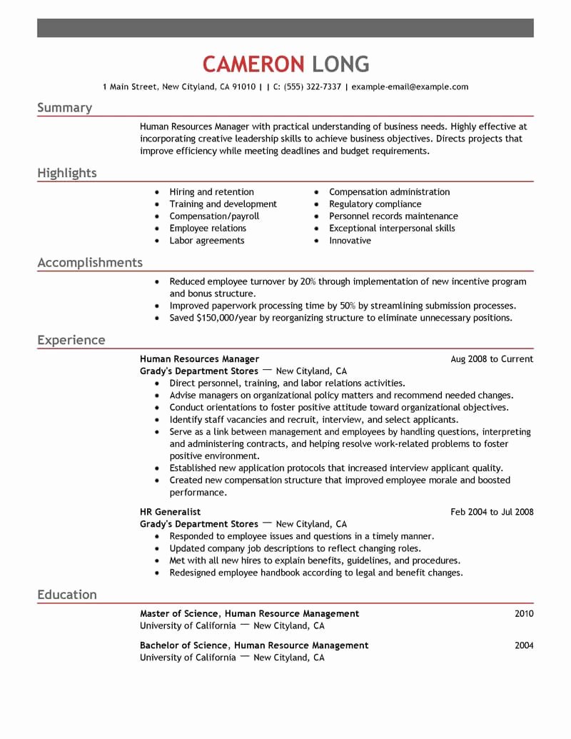 Best Human Resources Manager Resume Example