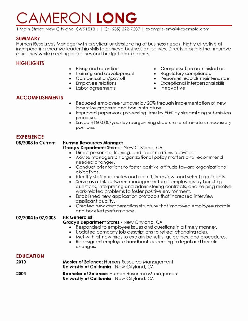 Best Human Resources Manager Resume Example