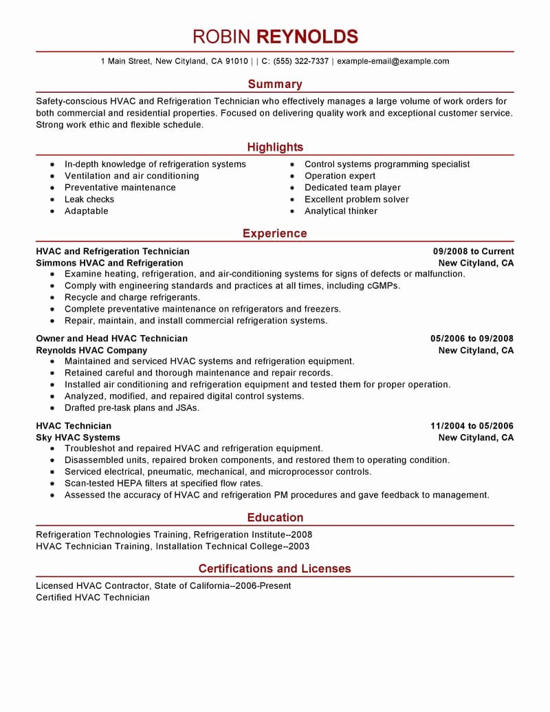Best Hvac and Refrigeration Resume Example
