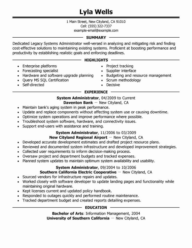 Best Legacy Systems Administrator Resume Example