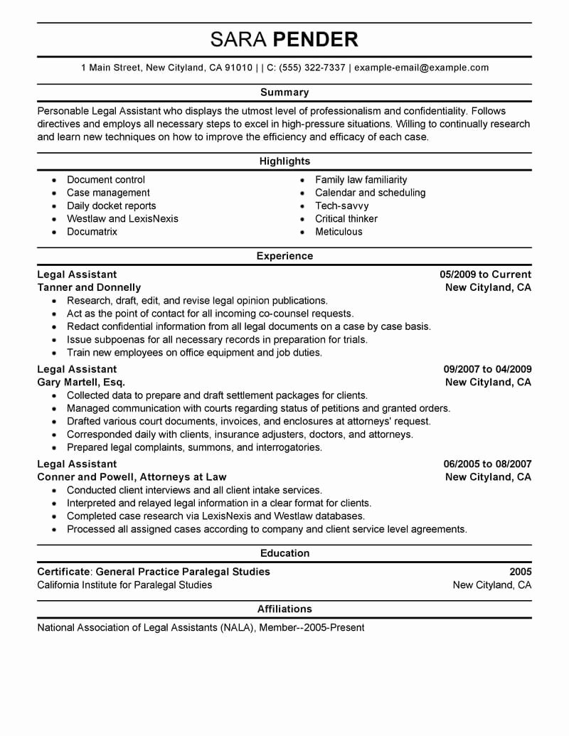Best Legal assistant Resume Example