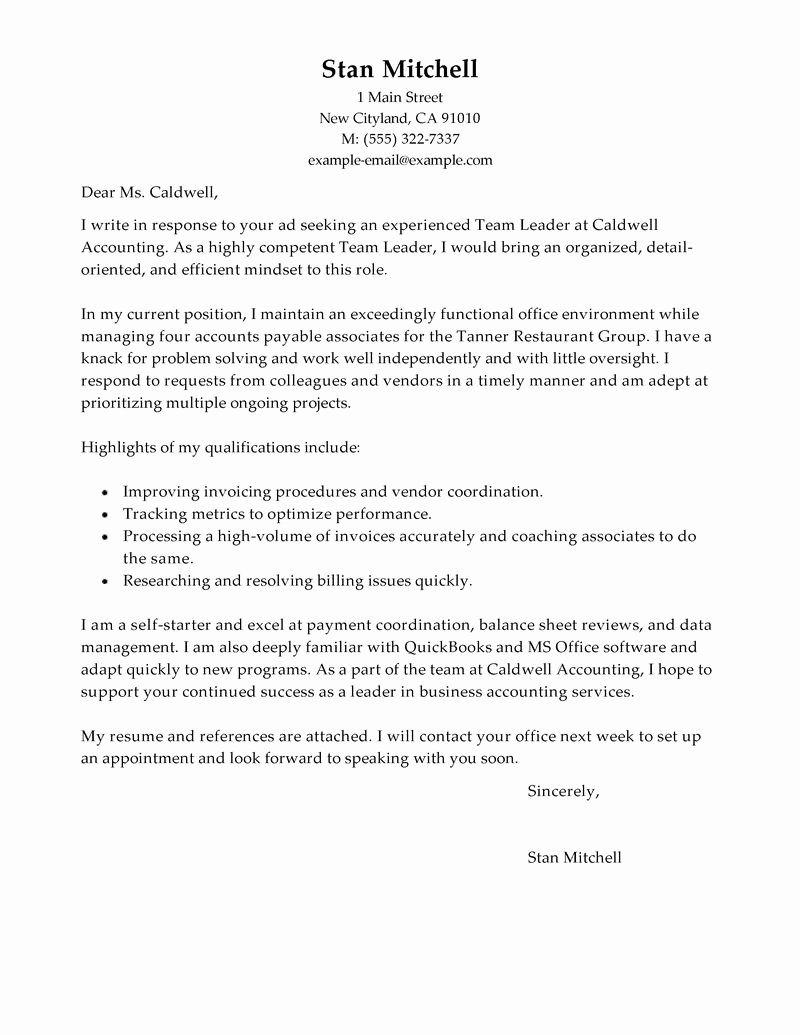Best Management Team Lead Cover Letter Examples