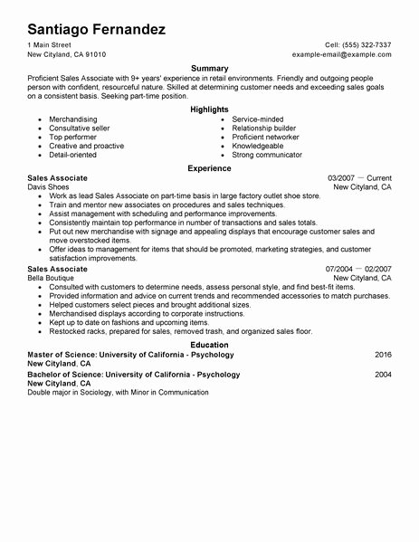 Best Part Time Sales associates Resume Example