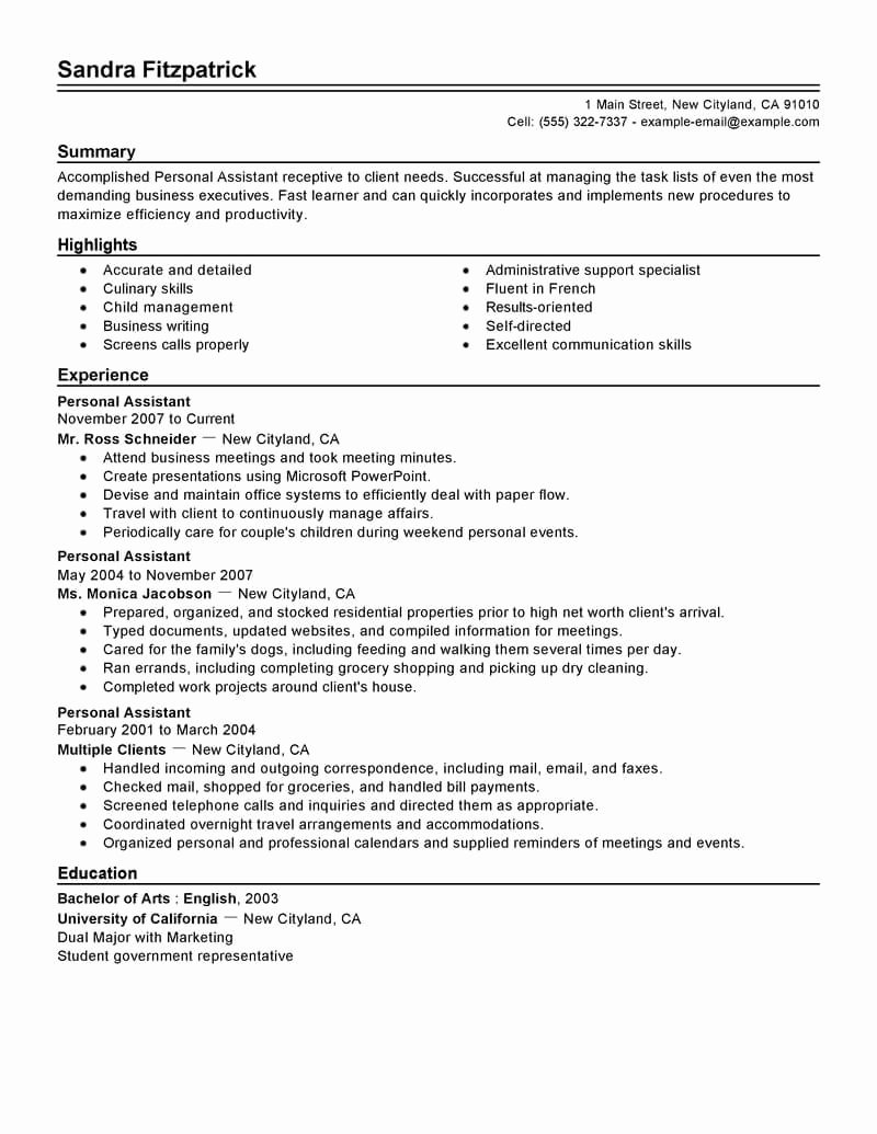 Best Personal assistant Resume Example