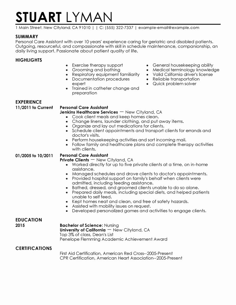 Best Personal Care assistant Resume Example