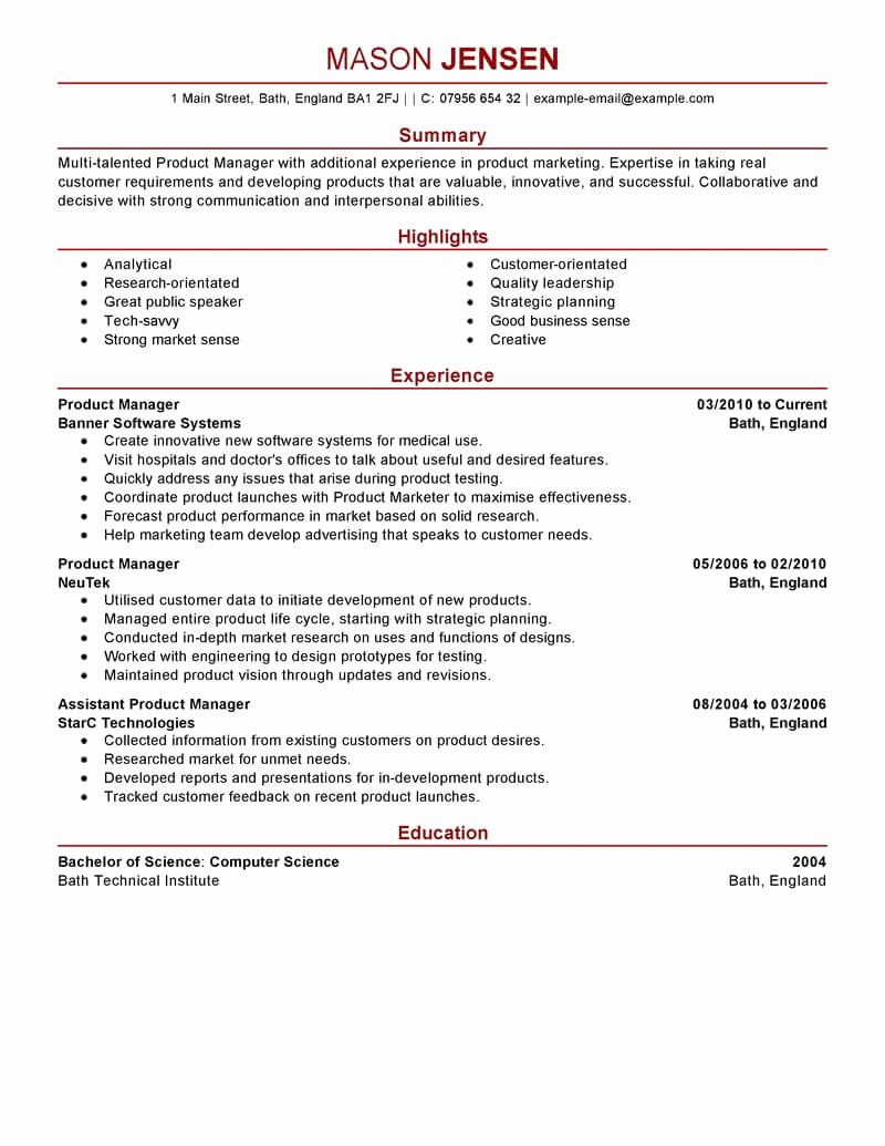 Best Product Manager Resume Example