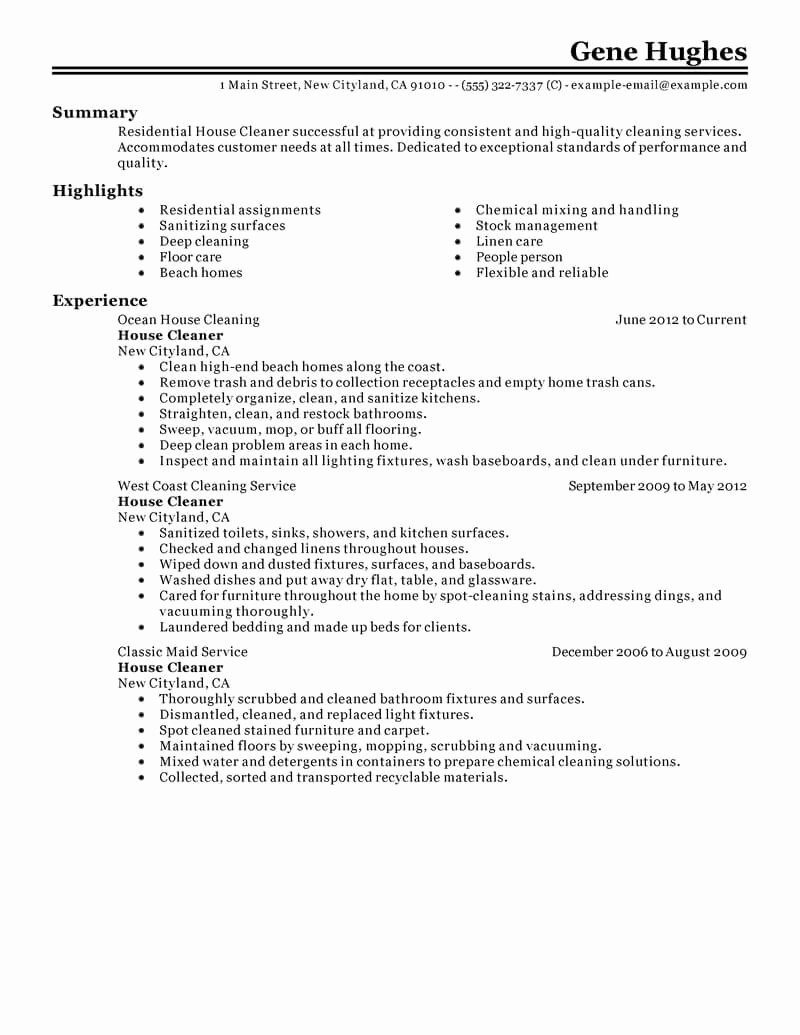Best Residential House Cleaner Resume Example