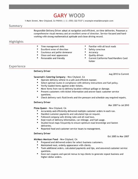 Best Restaurant Bar Delivery Driver Resume Example