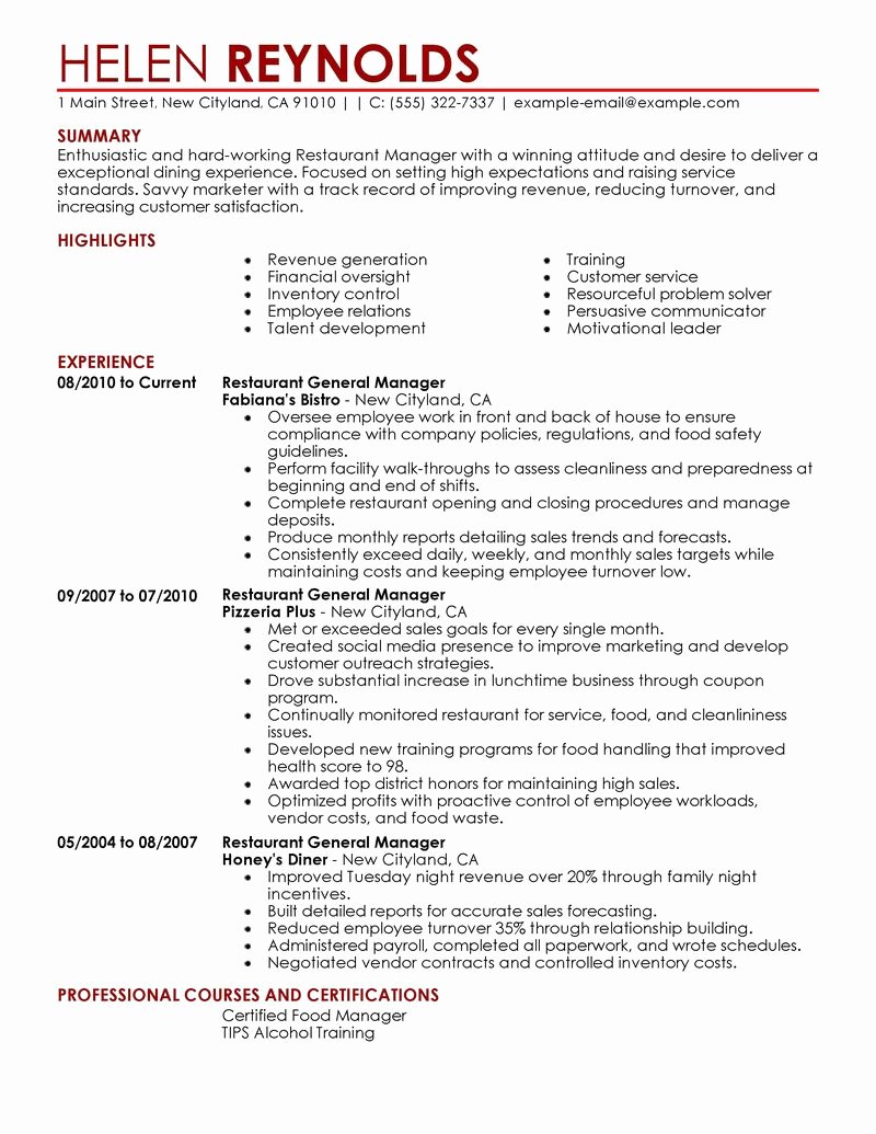 Best Restaurant Manager Resume Example