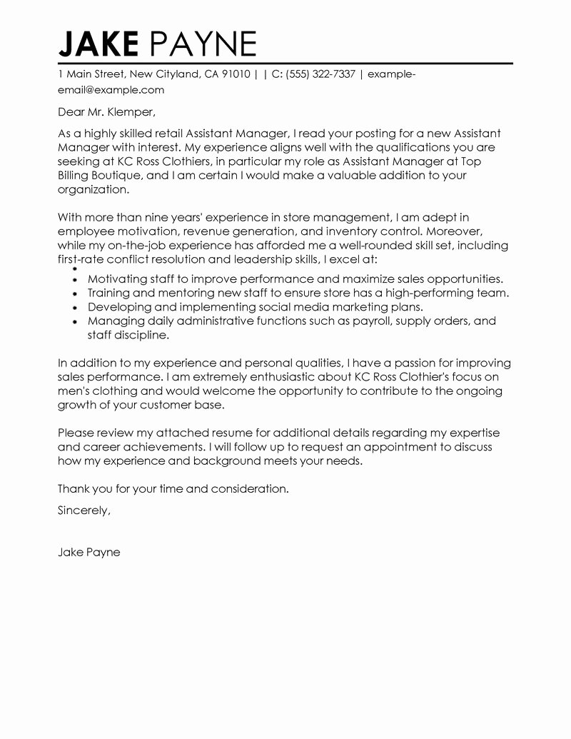 Best Retail assistant Manager Cover Letter Examples