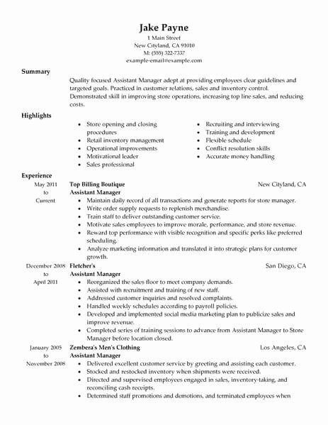 Best Retail assistant Manager Resume Example