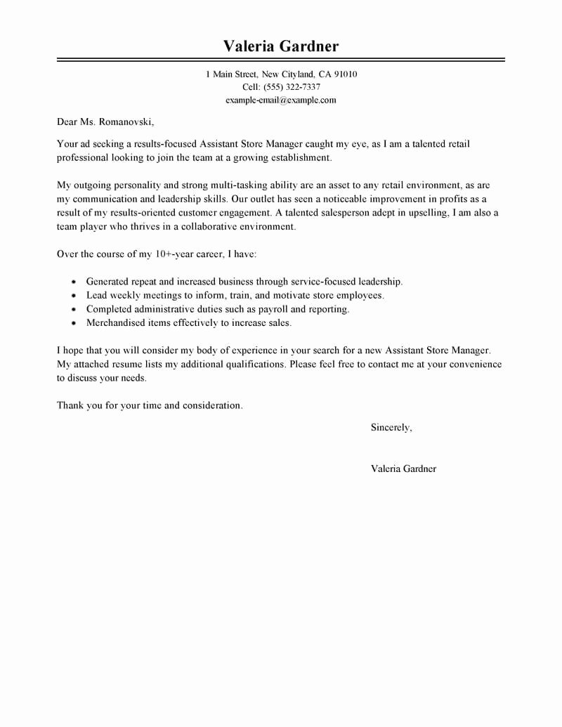 Best Retail assistant Store Manager Cover Letter Examples