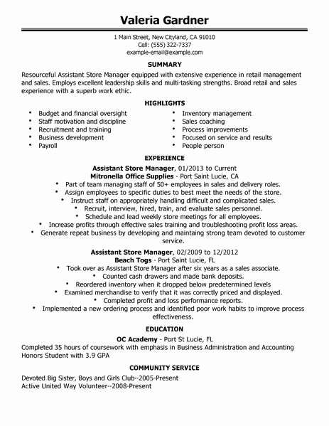 Best Retail assistant Store Manager Resume Example