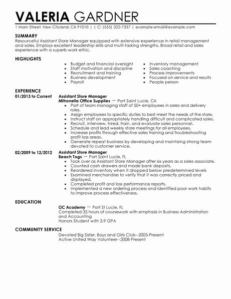 Best Retail assistant Store Manager Resume Example